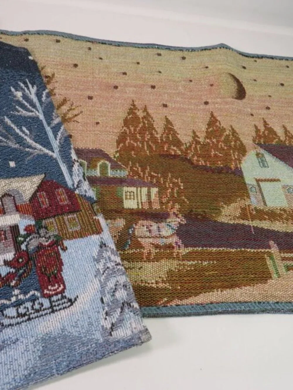 Winter Sleigh Ride Tapestry Table Runner Moonlit Snowy Village, Sparkle Accent